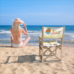 Director's chair with double-sided printed backrest, suitable for outdoor use and at the beach.