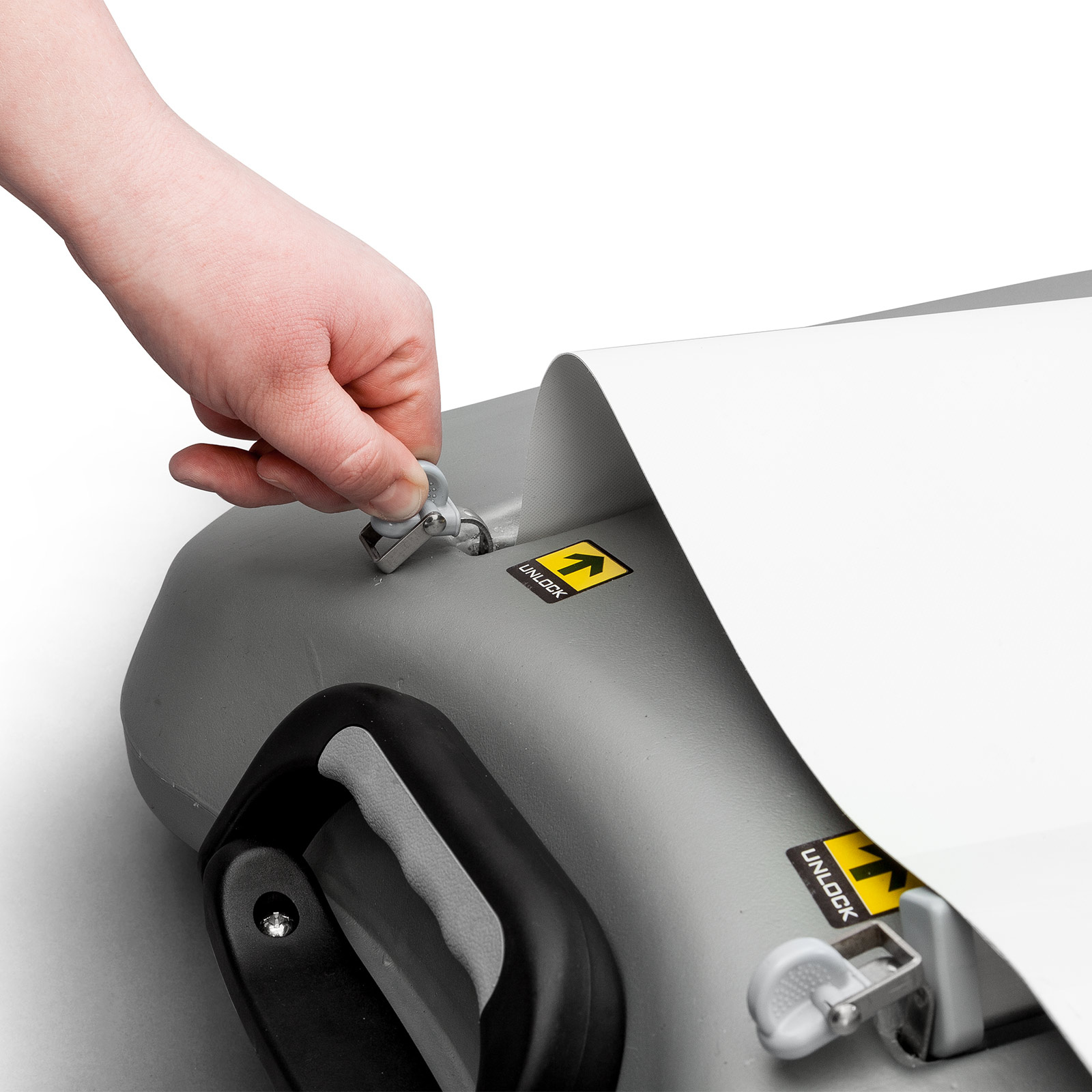 Roll-up safety device for easy print part replacement