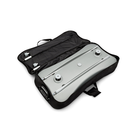 Comfortable carrying bag with opening for the pull handle on the roll-up base.