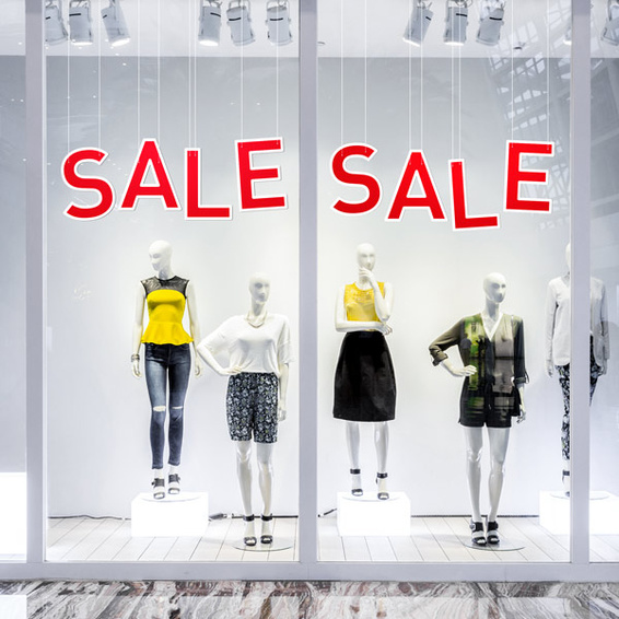 SALE as window display decoration (suspended, attachment e.g. with nylon cord)