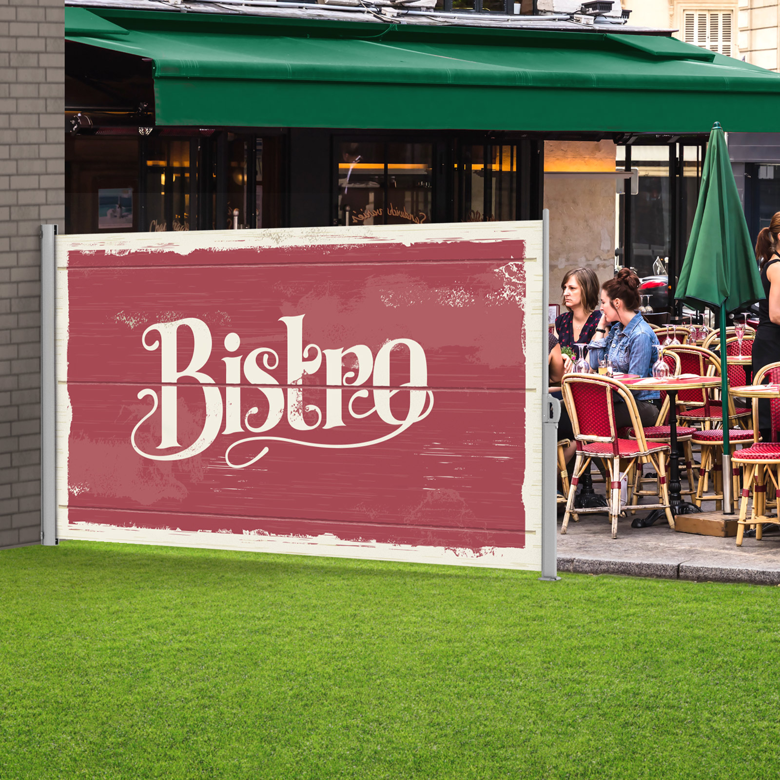 Side awning, wall-mounted on the left with design on the reverse side