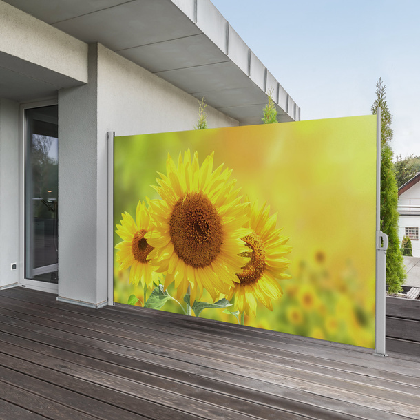 Side awning, wall-mounted on the left with design on the front side