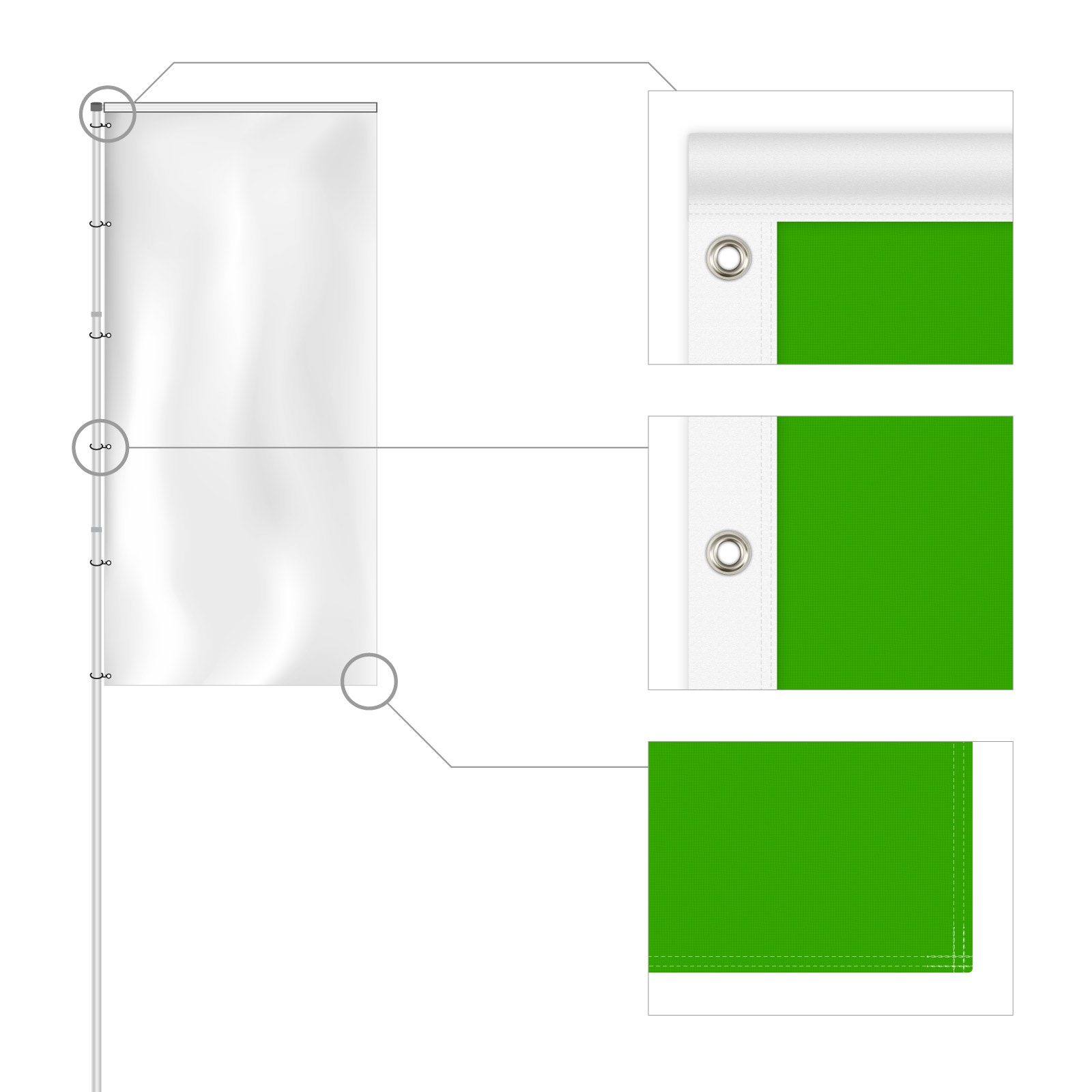 Flag hemmed all around, top edge with a hemmed pocket made of white binding tape, mast side with white binding tape and eyelets.