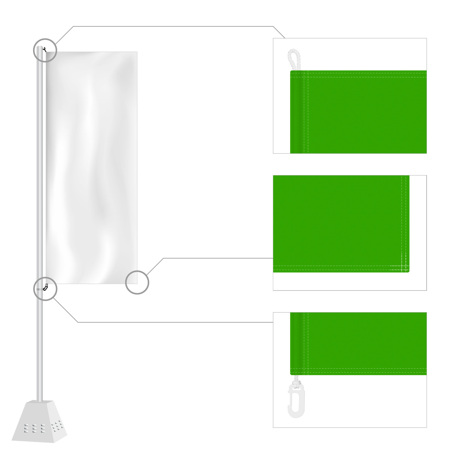 Design: Mast side with sewn-in cord, looped at the top, plastic carabiner hook at the bottom, remaining sides hemmed