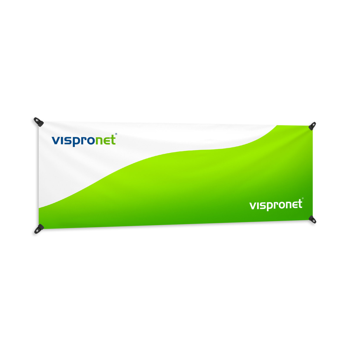 Tension banner in landscape format with black clamp eyelets, cut all around