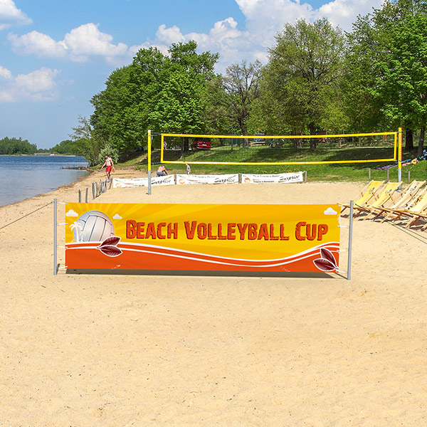Banner (height 100 cm) with tension post set for event advertising at the beach