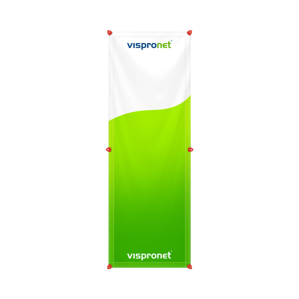 Tension banner in portrait format with red clamp eyelets, reinforced edges all around