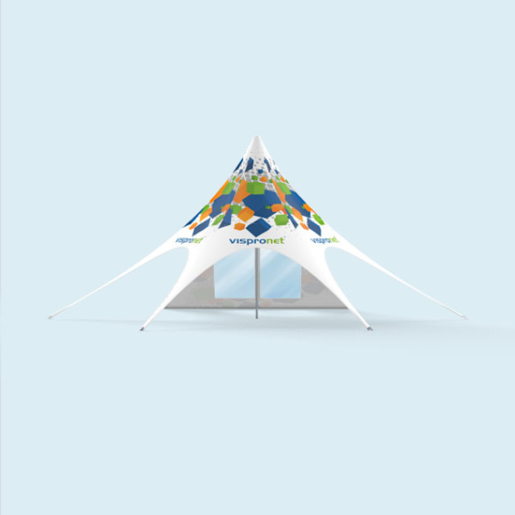 Star tent, example with one wall featuring an arched window, wide