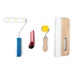 In the set: glue roller, utility knife, seam roller, wallpaper smoothing tool