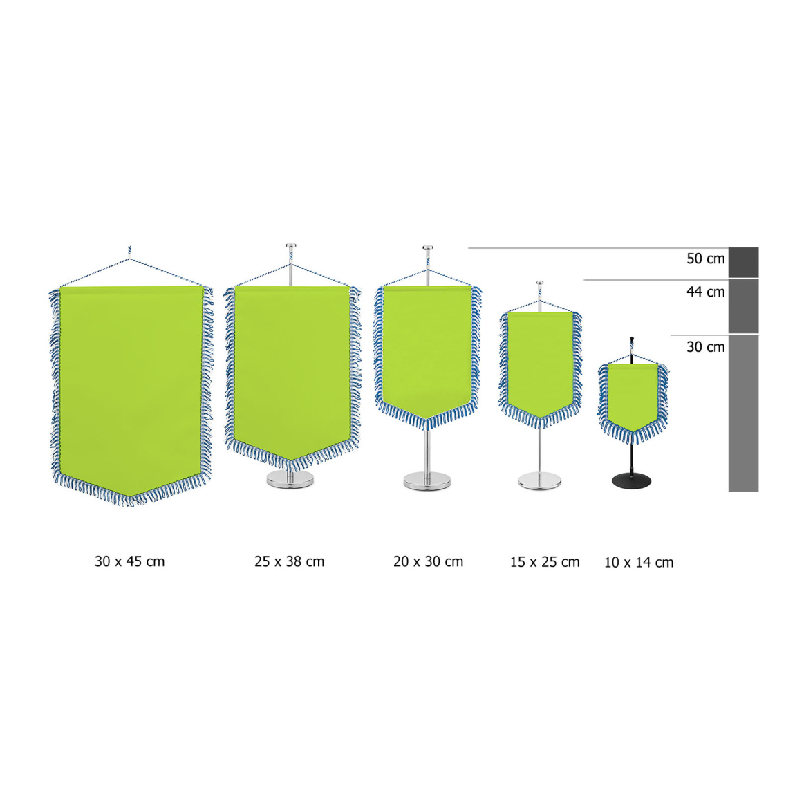 Table banner with tapered lower edge and loop fringe, size comparison