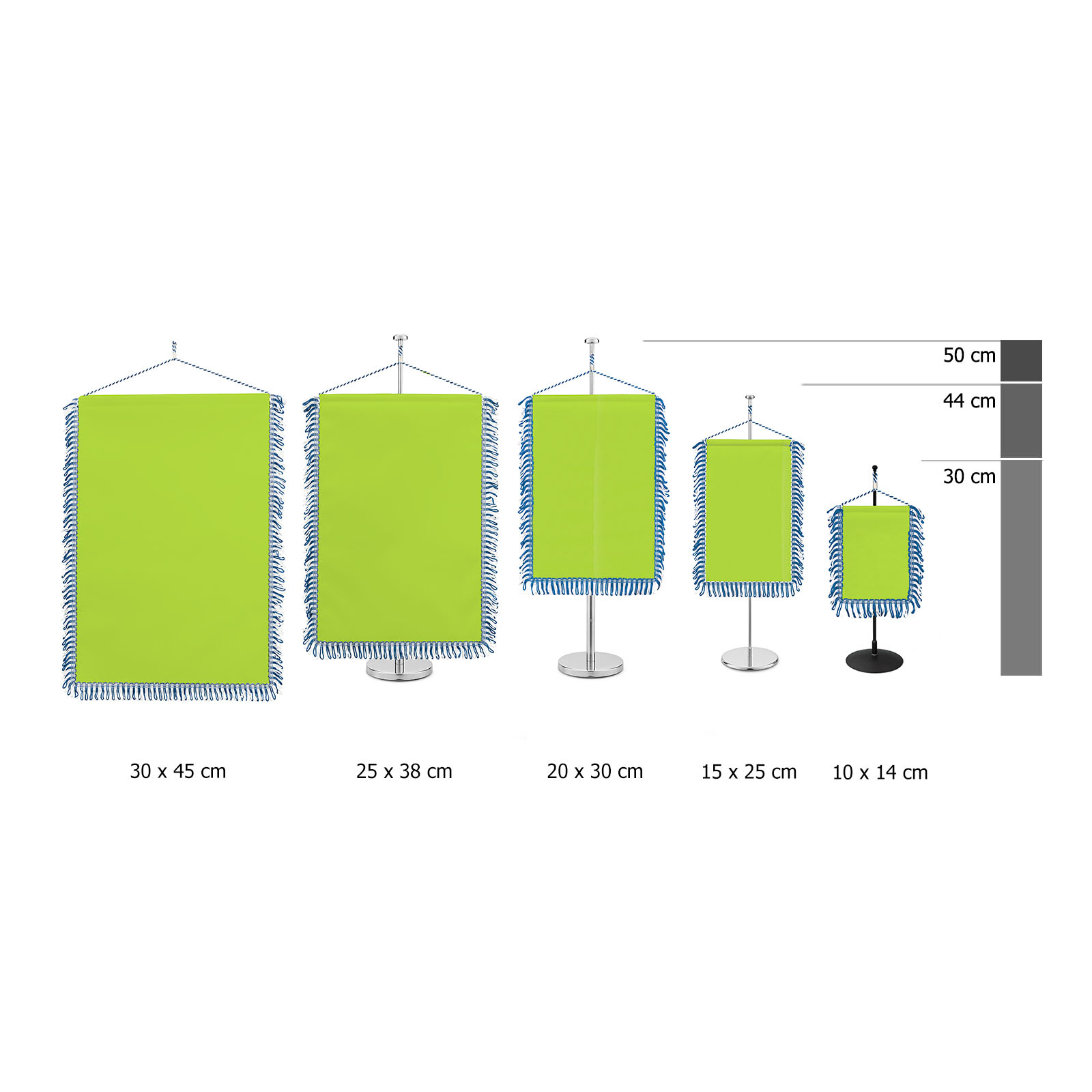 Rectangular table banner with loop fringe, size comparison