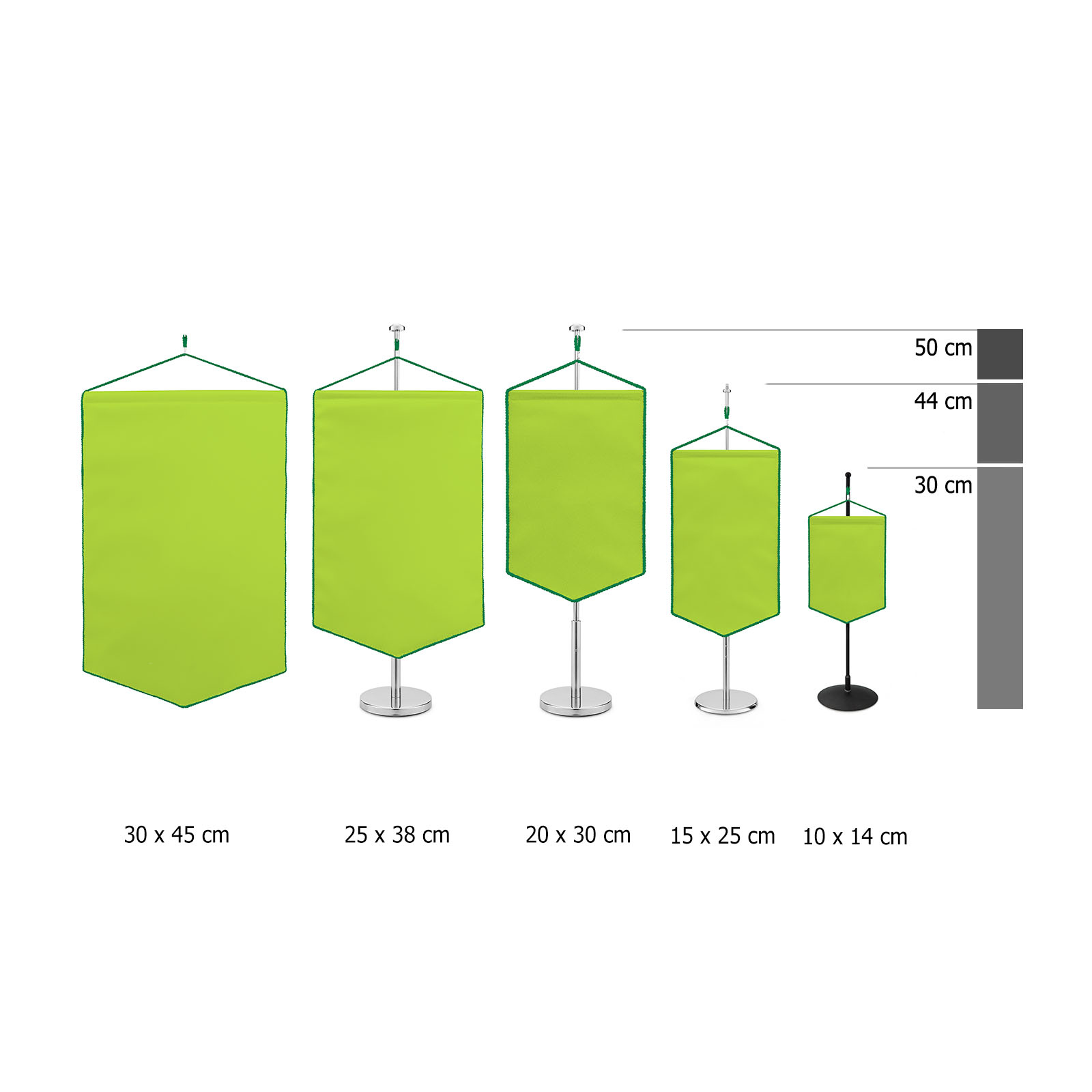 Table banner with pointed lower edge and cord, size comparison