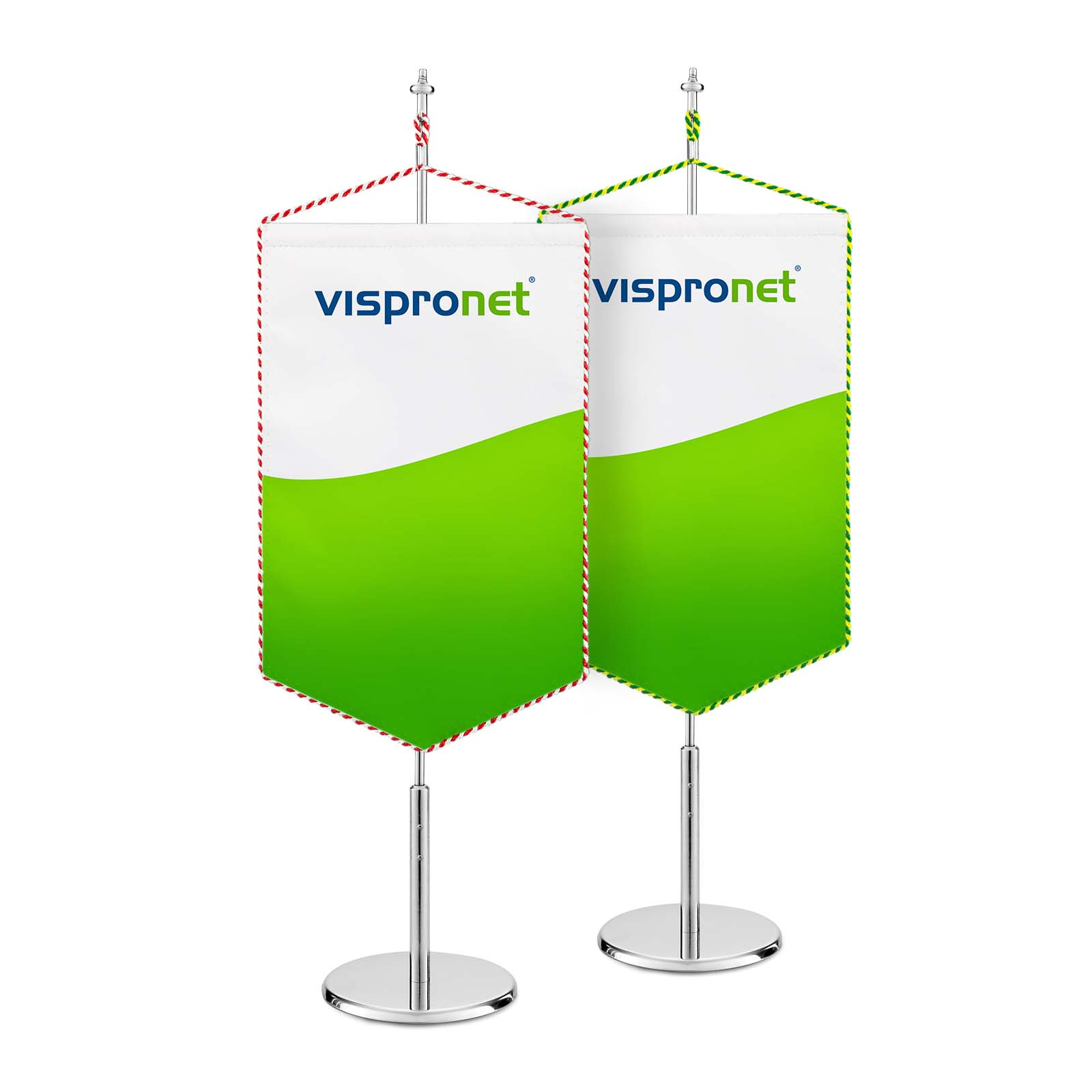 Table banner with pointed bottom edge and white/red or green/yellow cord