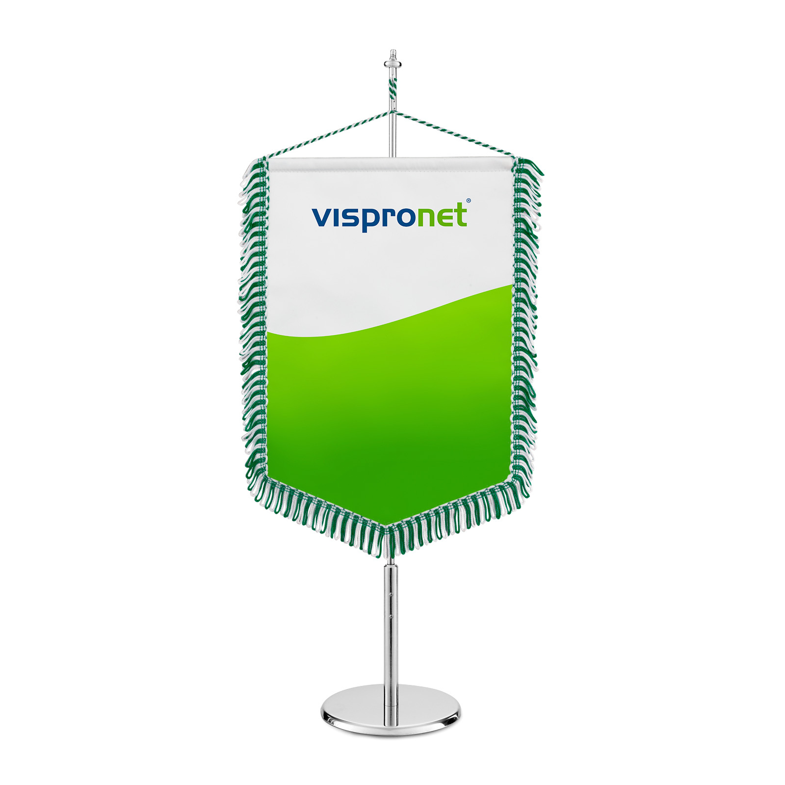 Table banner with pointed lower edge and white/green loop fringe