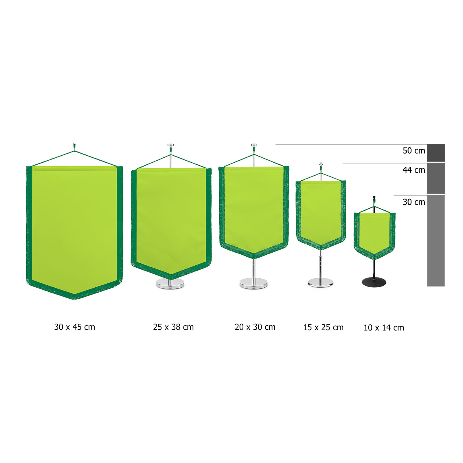 Table banner with pointed lower edge and cut fringe, size comparison
