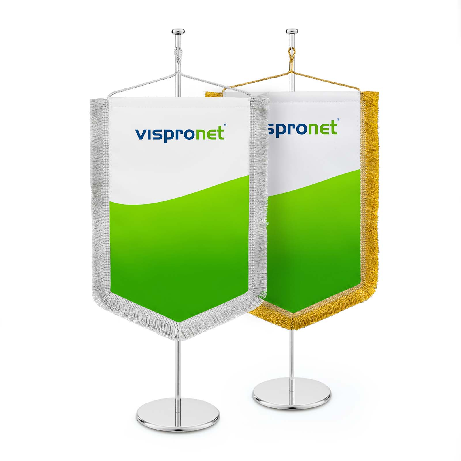 Table banner with pointed lower edge and silver or gold cut fringe