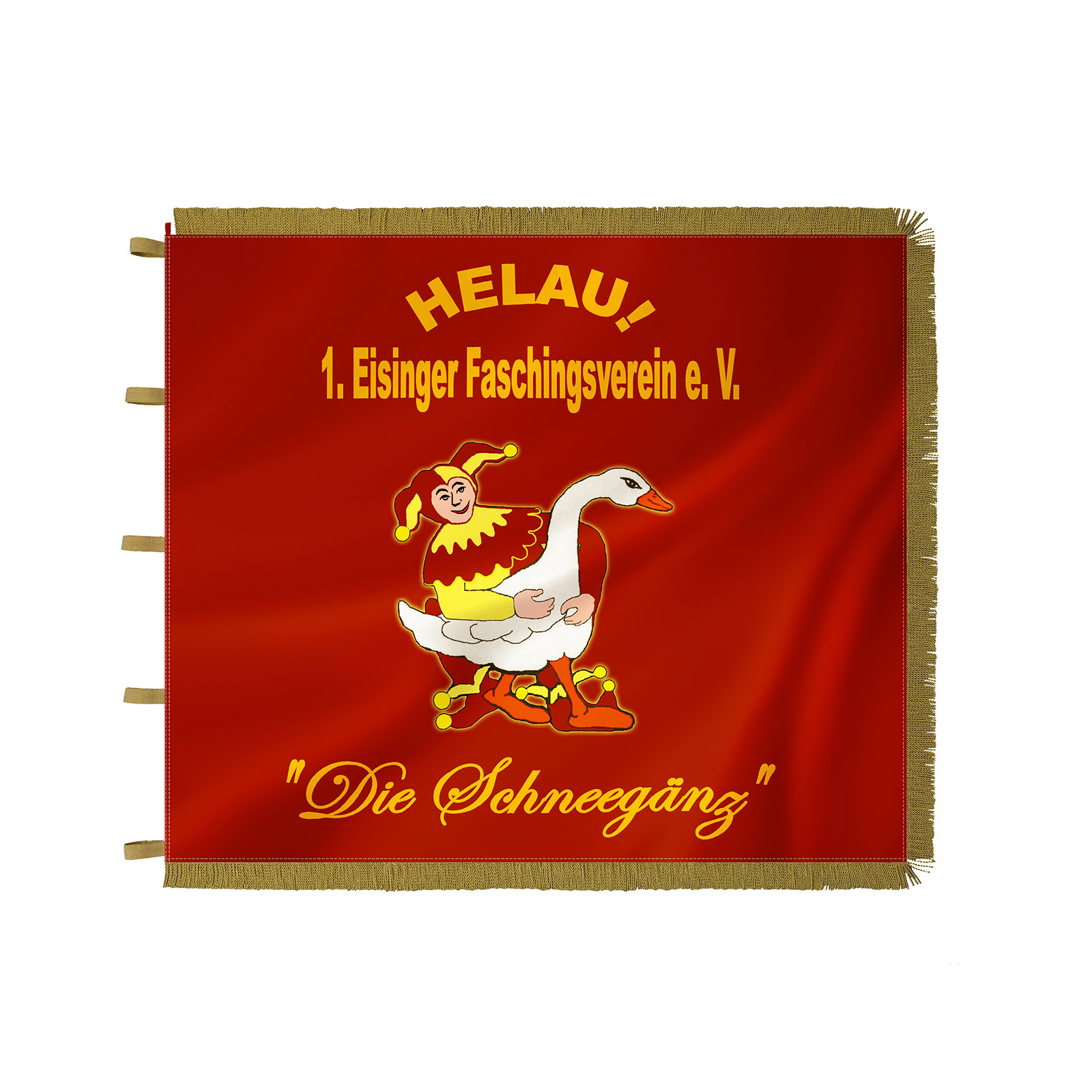 Club flag with gold cord fringe and loops made of gold ribbon braid