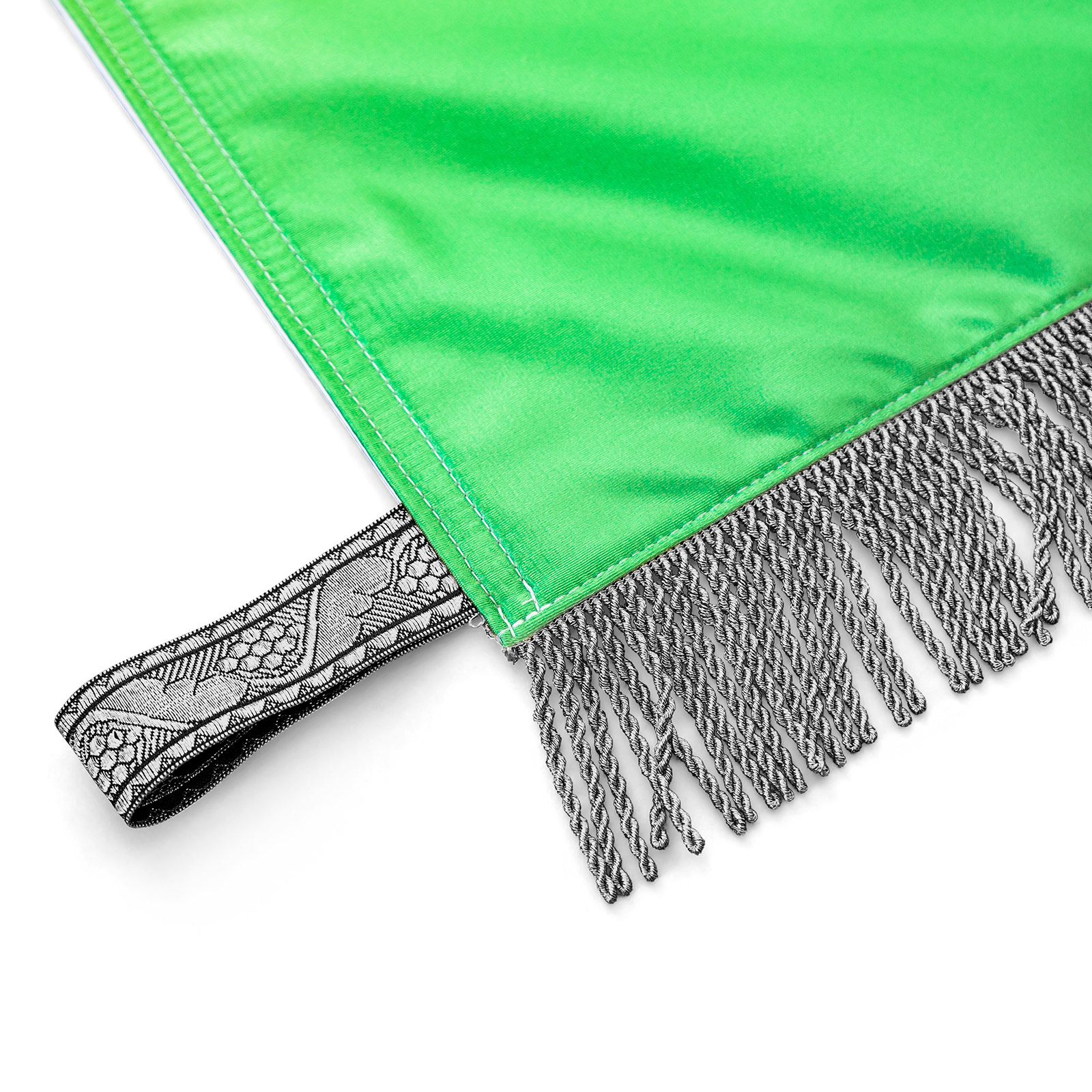 double-layer club flag, detail: loops made of silver cord fringe