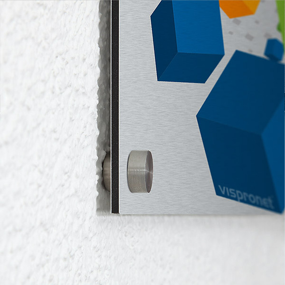 Poster with stainless steel wall spacers, wall distance 5 mm