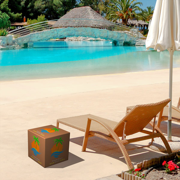Outdoor cube seat as a practical storage surface or separate stool by the pool