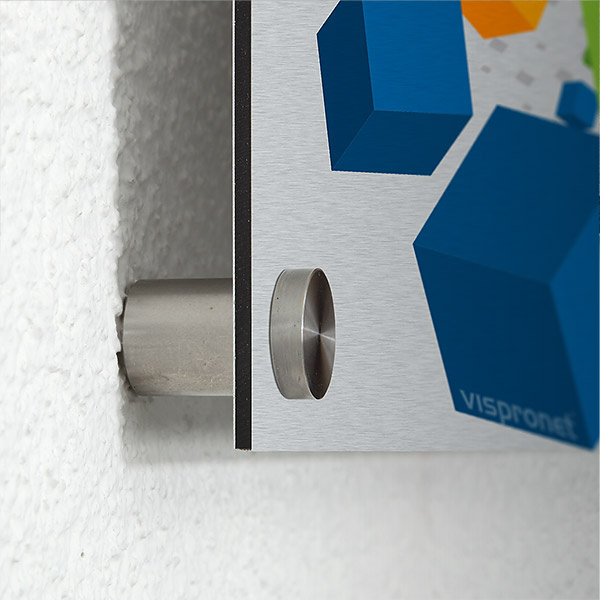 Poster with stainless steel wall spacers, wall distance 20 mm