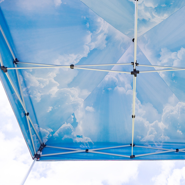 Interior-printed tent canopy (Multisol X opaque): brilliant digital print on the inside; the design on the tent roof does not show through