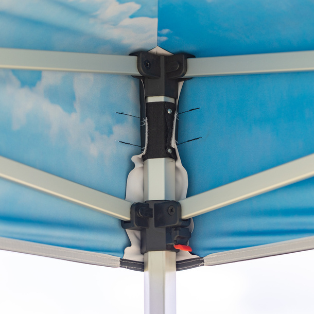 Interior view of the tent canopy, attached to the corners of the tent frame
