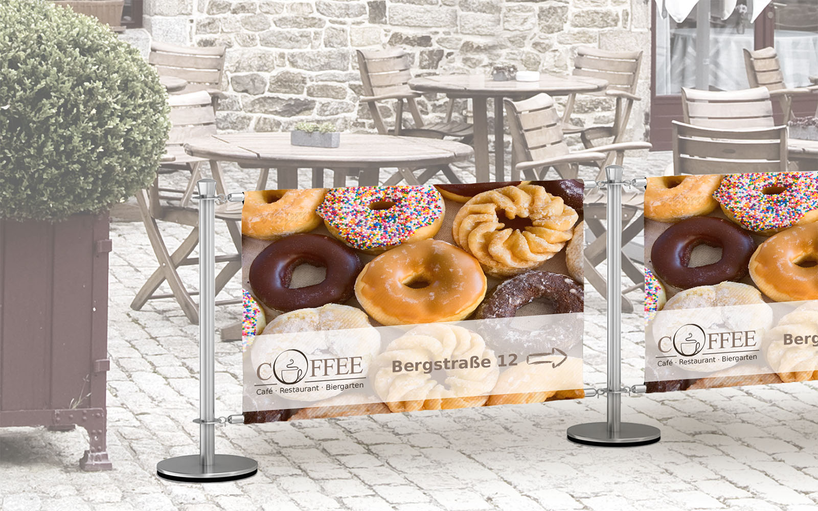 Café Banner, Directional Sign in Shopping Arcade