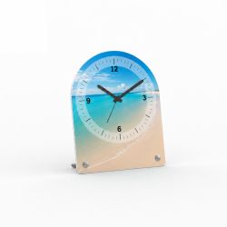 Semicircular photo alarm clock in portrait format made of acrylic glass