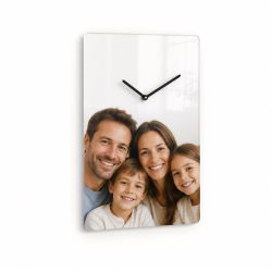 Individually printed rectangular photo wall clock with dial at the top
