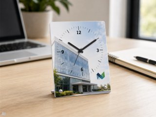 Photo alarm clock with company logo on a desk