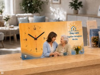 Table clock with company logo on a reception counter