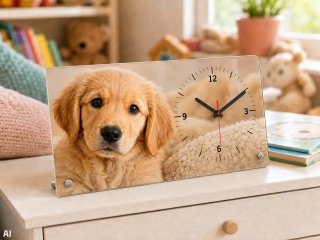 Table clock with personal photo on a sideboard