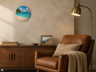 Round wall clock with personal photo in a living space