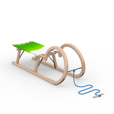 Horned wooden sledge with printed seat section